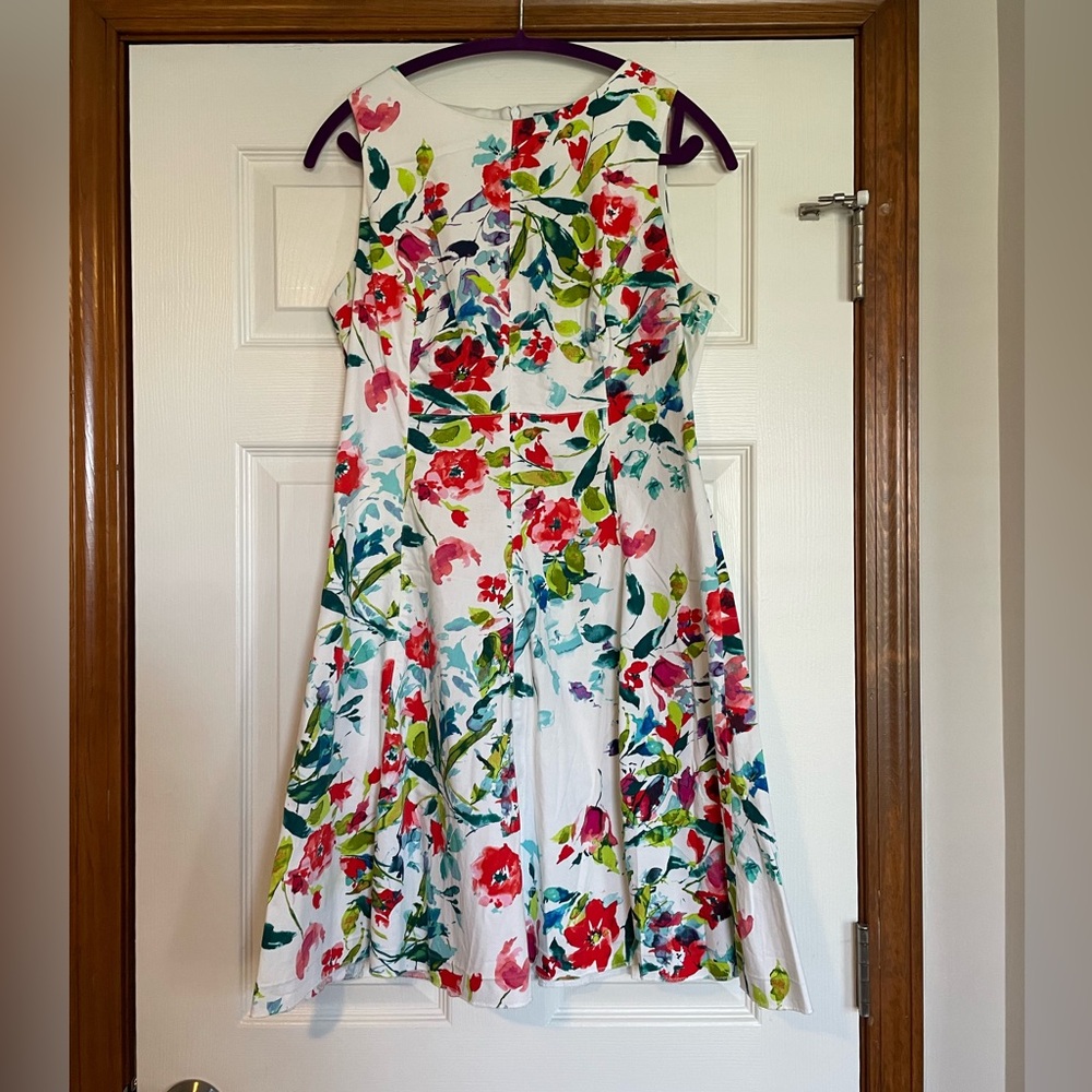 American Living White Floral Midi Dress with Red, Green and Blue Accents